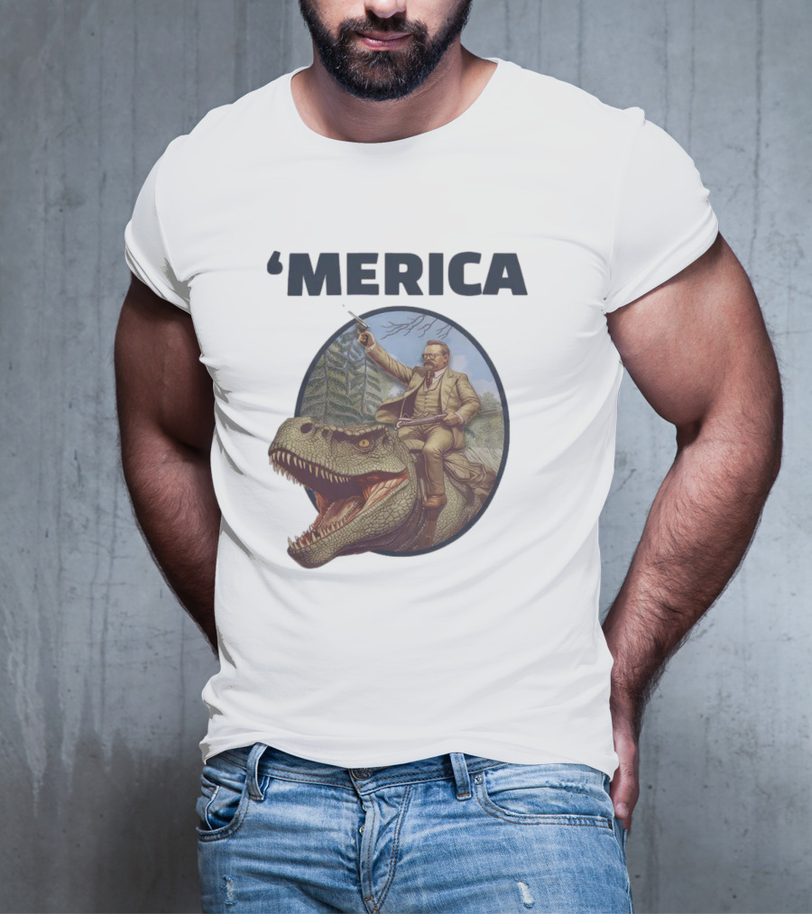 Macrodosing 'Merica Roosevelt Riding Dinosaur With Gun T-Shirt