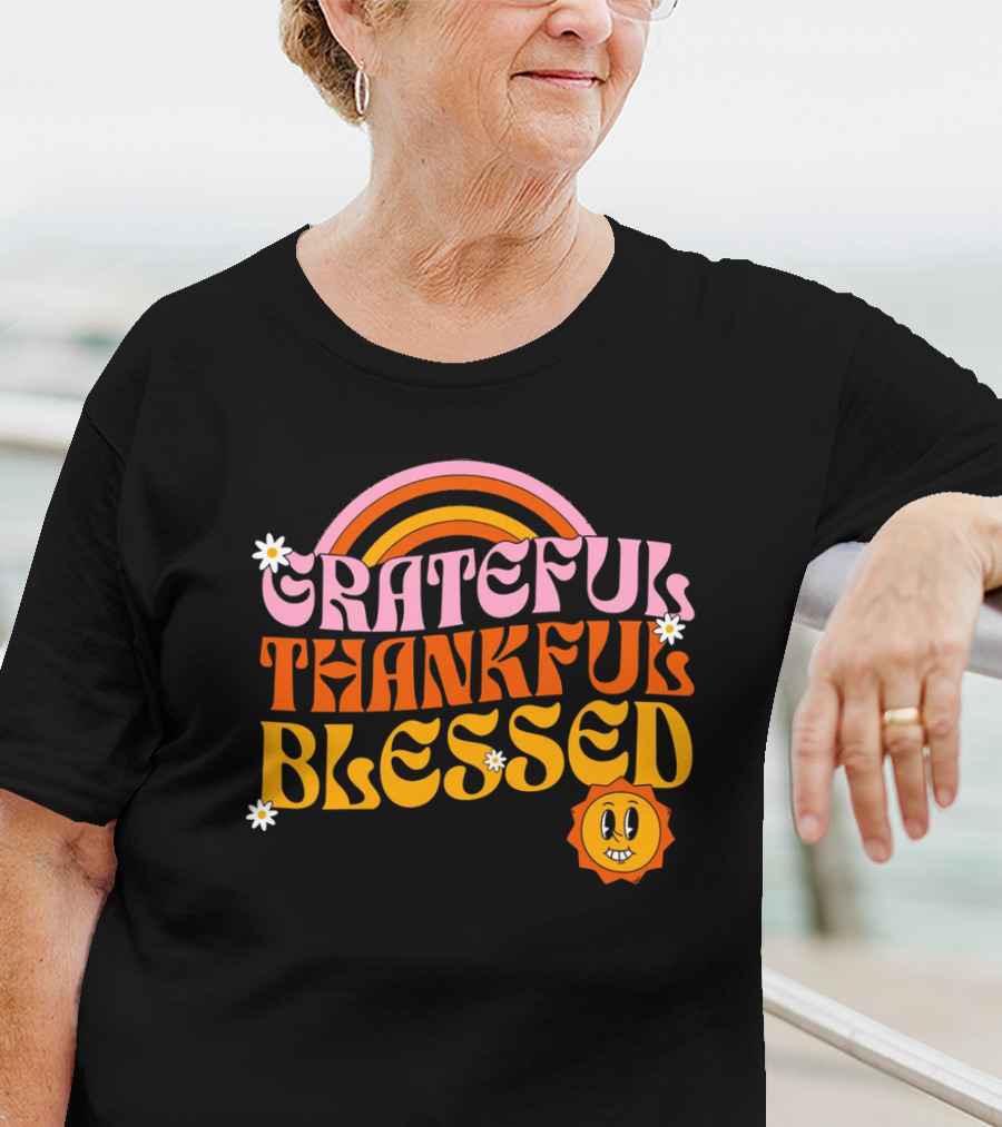 Grateful Thankful Blessed Retro Rainbow Sunflower Smiley Face T-Shirt