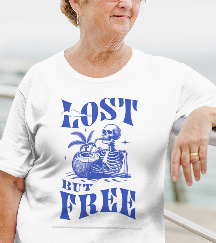 Lost But Free Skeleton With Coconut Drink Beach Vintage T-Shirt