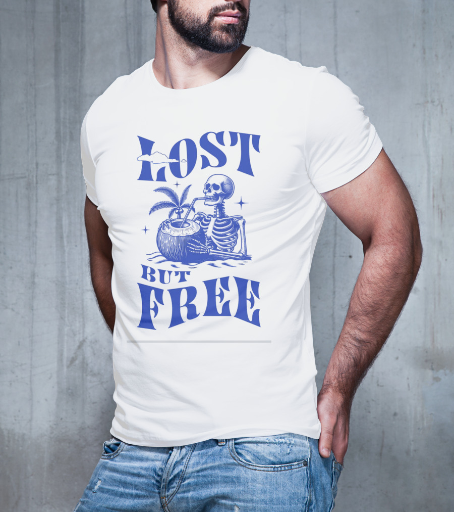 Lost But Free Skeleton With Coconut Drink Beach Vintage T-Shirt