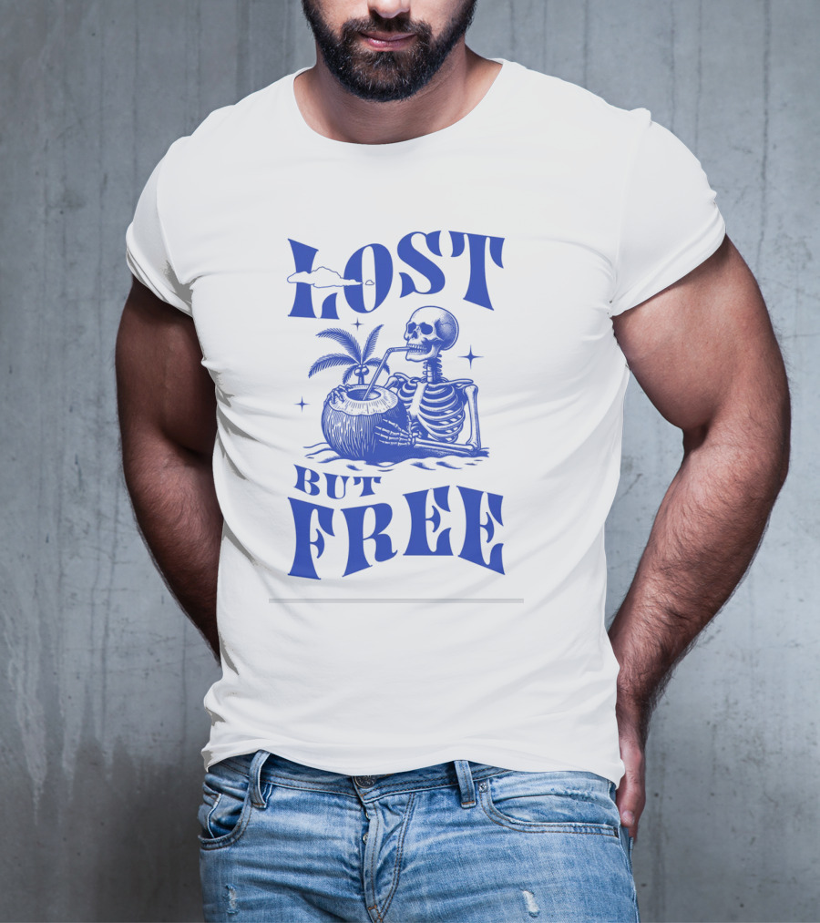 Lost But Free Skeleton With Coconut Drink Beach Vintage T-Shirt