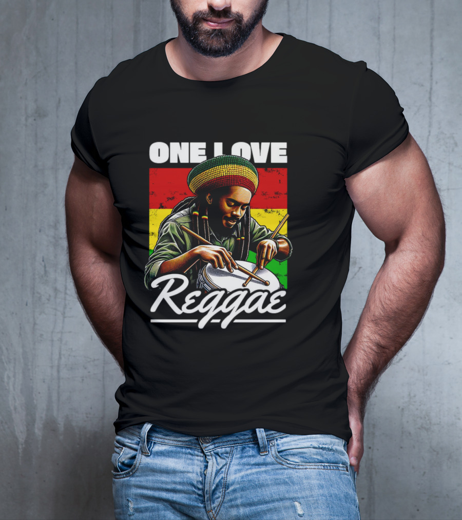 One Love Reggae Drummer With Rasta Colors T-Shirt
