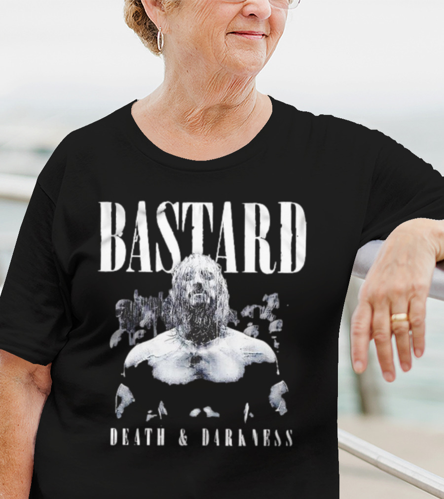 Bastard Death And Darkness Gritty Monochrome Warrior Surrounded By Shadowed Figures T-Shirt