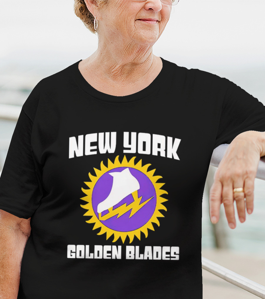 New York Golden Blades Ice Skate Logo With Purple And Gold Sunburst T-Shirt