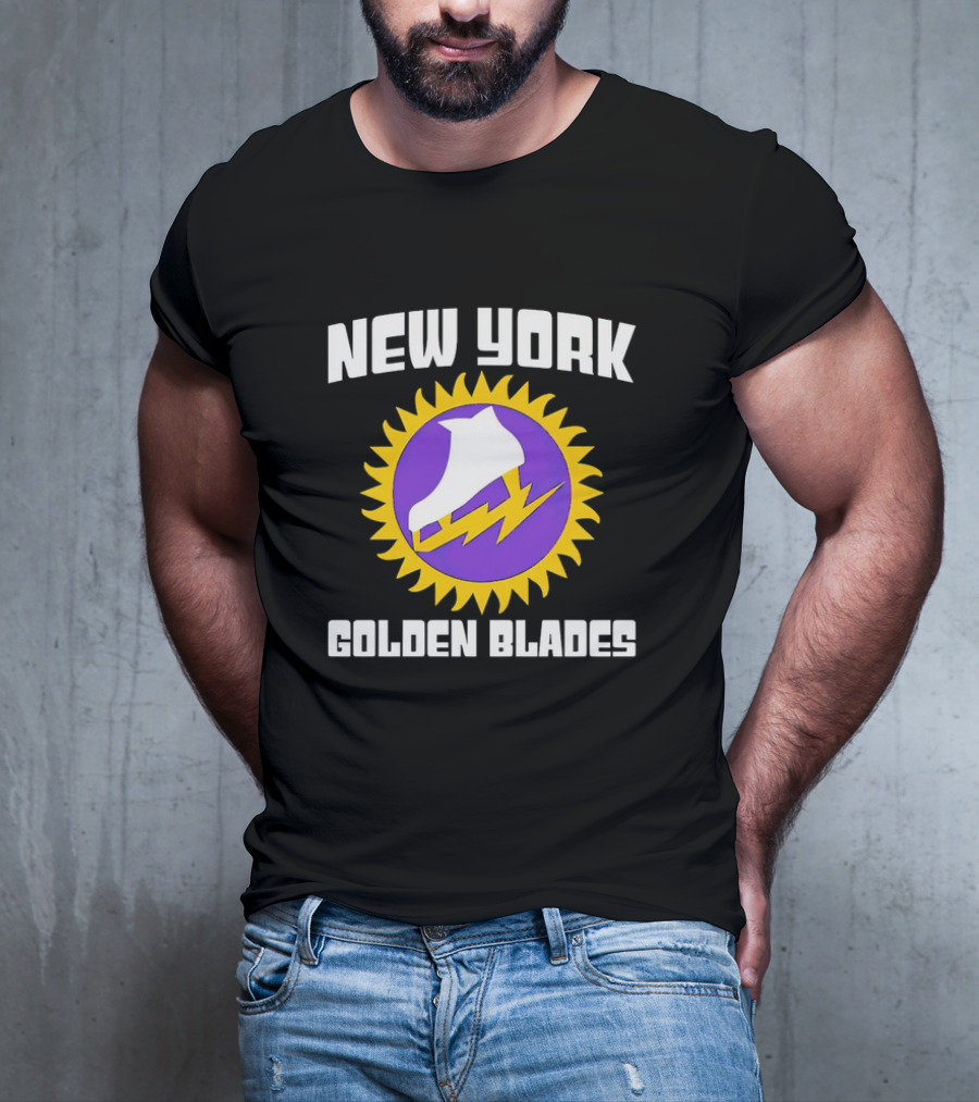 New York Golden Blades Ice Skate Logo With Purple And Gold Sunburst T-Shirt