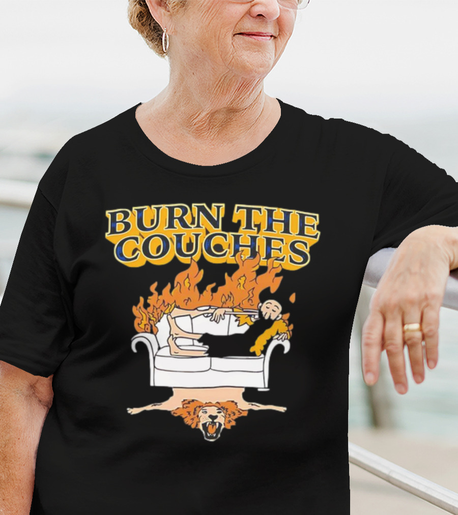 Burn The Couches Flaming Couch Cartoon Lion Rug T-Shirt