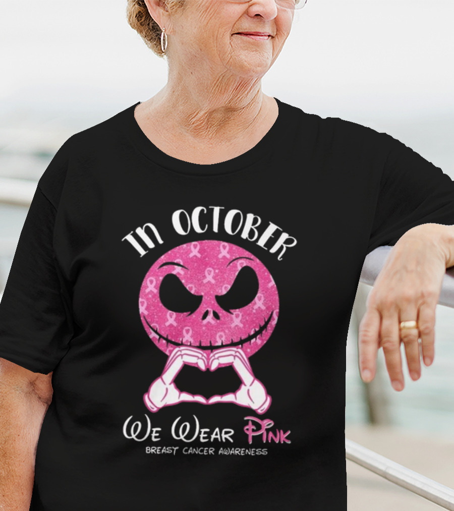 In October We Wear Pink Breast Cancer Awareness Jack Skellington T-Shirt