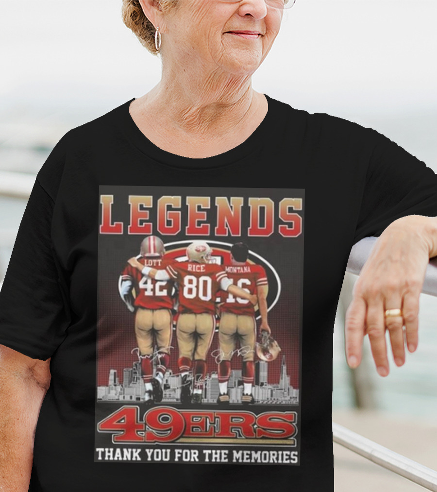 49ers Legends Montana Rice Lott Thank You For The Memories Skyline Signatures T-Shirt