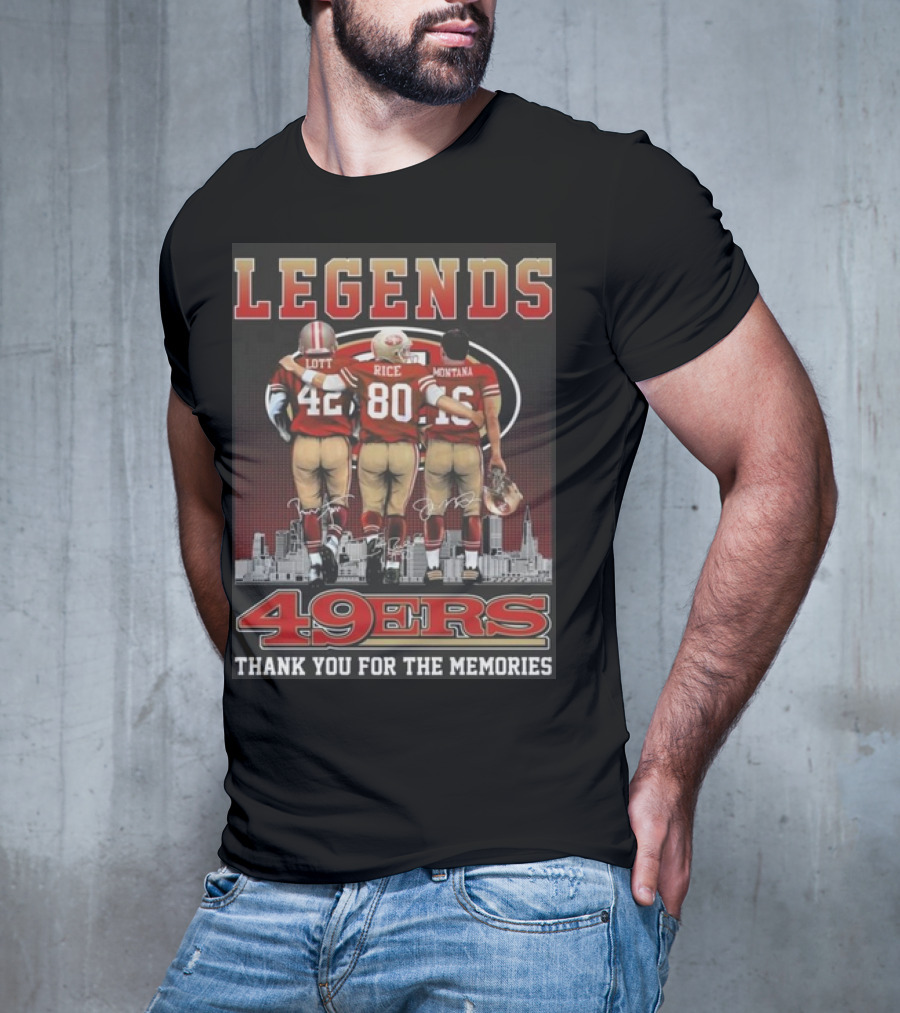 49ers Legends Montana Rice Lott Thank You For The Memories Skyline Signatures T-Shirt