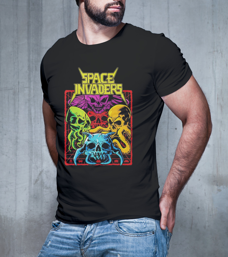 Space Invaders Neon Skull Cthulhu Quartet T-Shirt