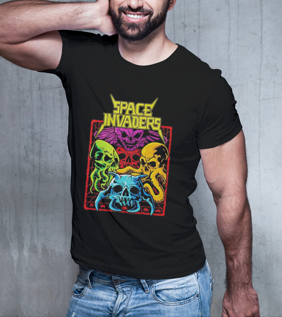 Space Invaders Neon Skull Cthulhu Quartet T-Shirt