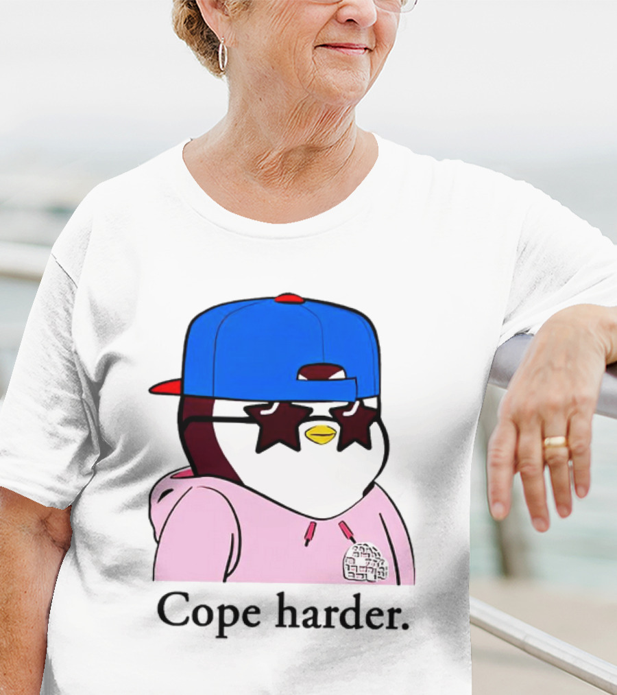 Pudgy Penguin Cope Harder Star Shades Blue Cap Pink T-Shirt