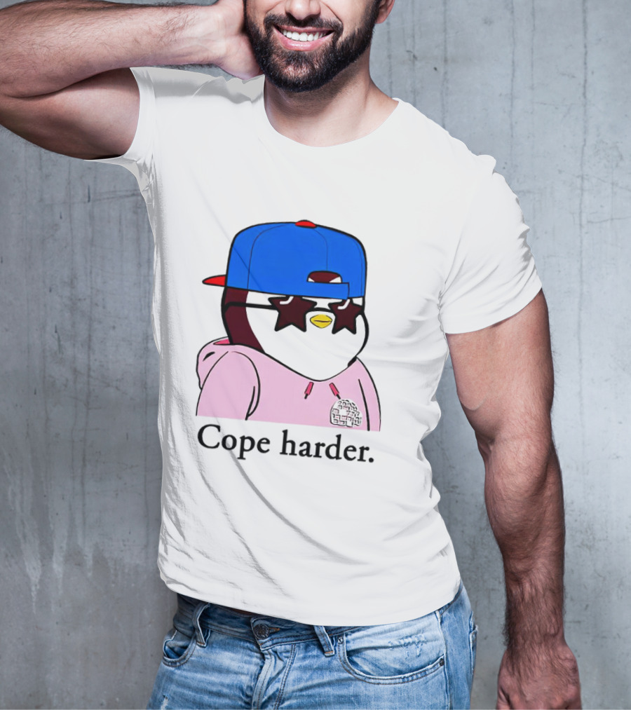 Pudgy Penguin Cope Harder Star Shades Blue Cap Pink T-Shirt