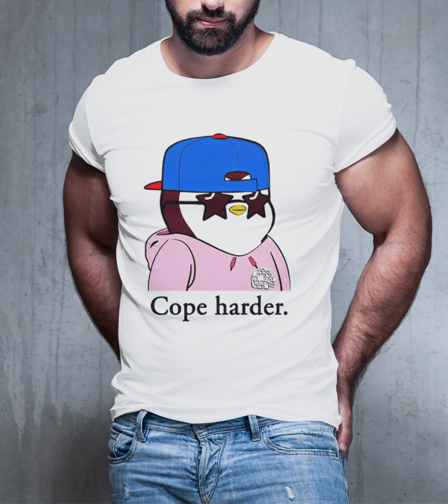 Pudgy Penguin Cope Harder Star Shades Blue Cap Pink T-Shirt