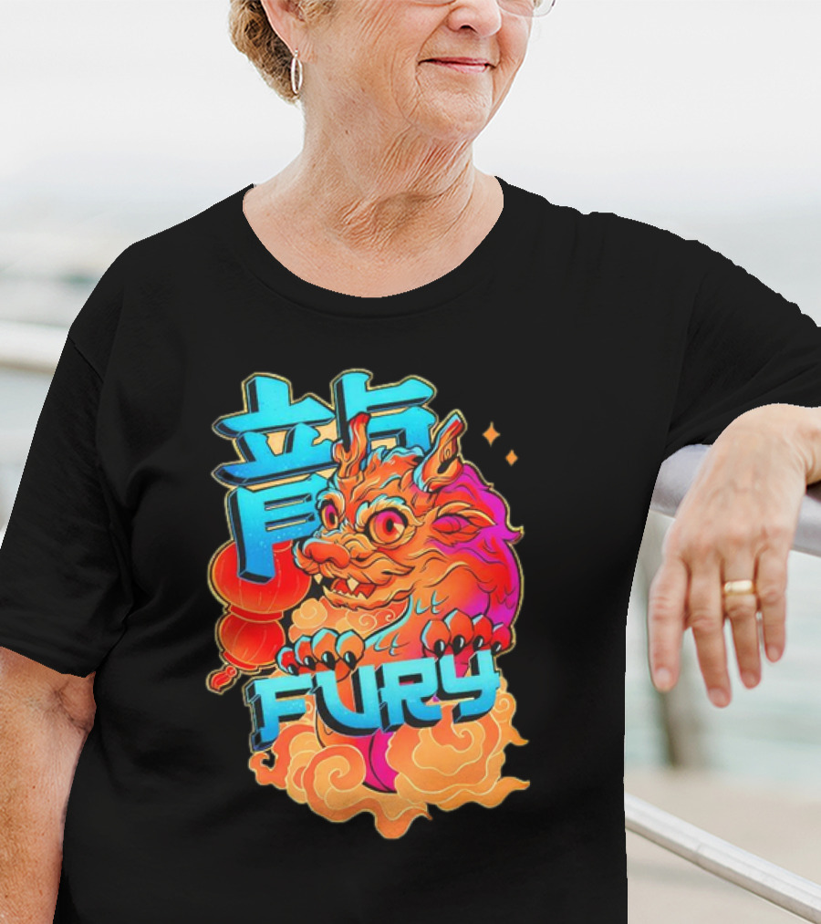 Dragon Fury Vibrant Mythical Creature With Neon Chinese Characters T-Shirt