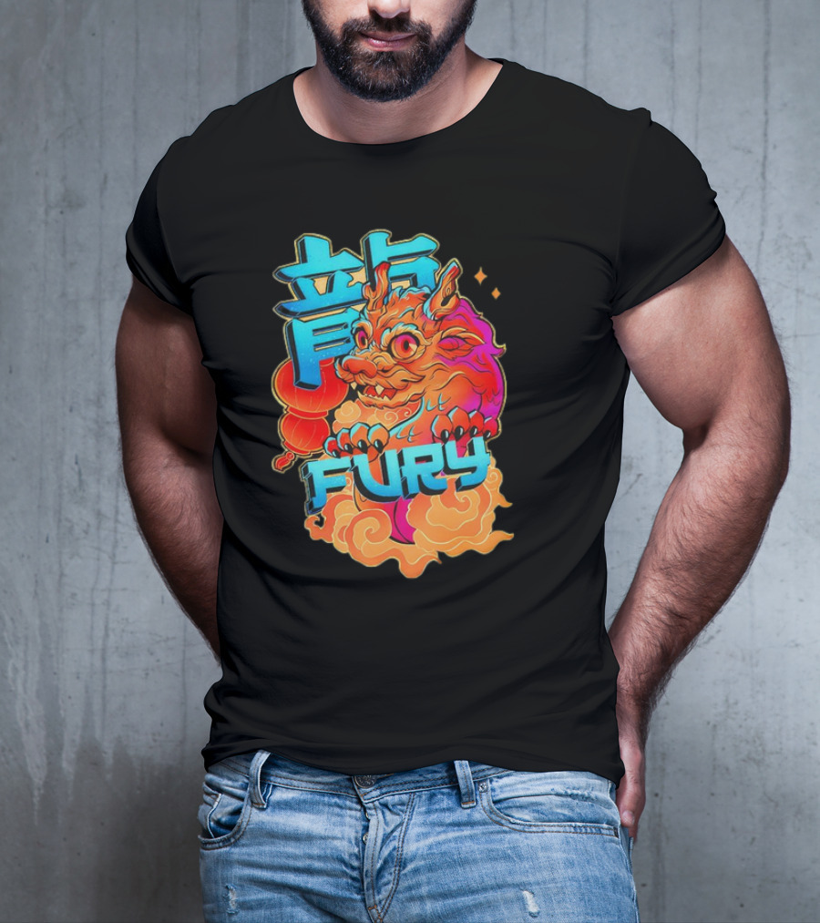 Dragon Fury Vibrant Mythical Creature With Neon Chinese Characters T-Shirt