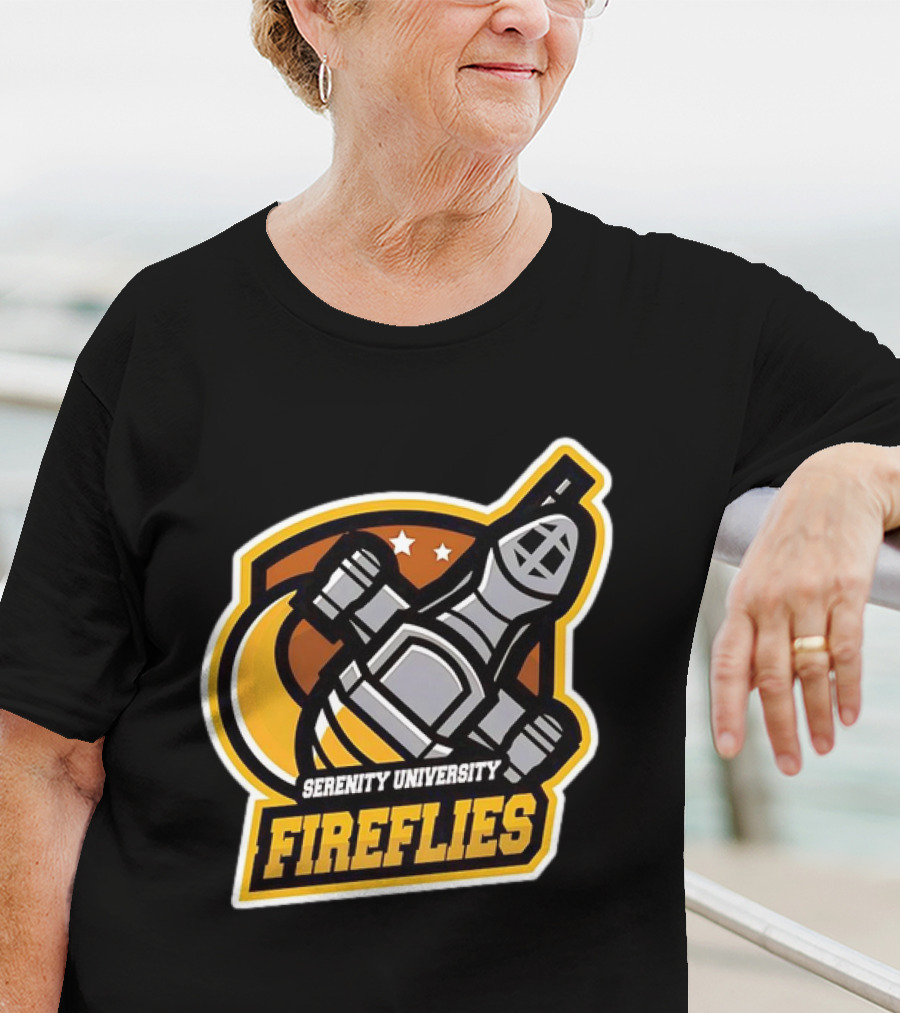 Serenity University Fireflies Spaceship Logo With Stars And Moon T-Shirt