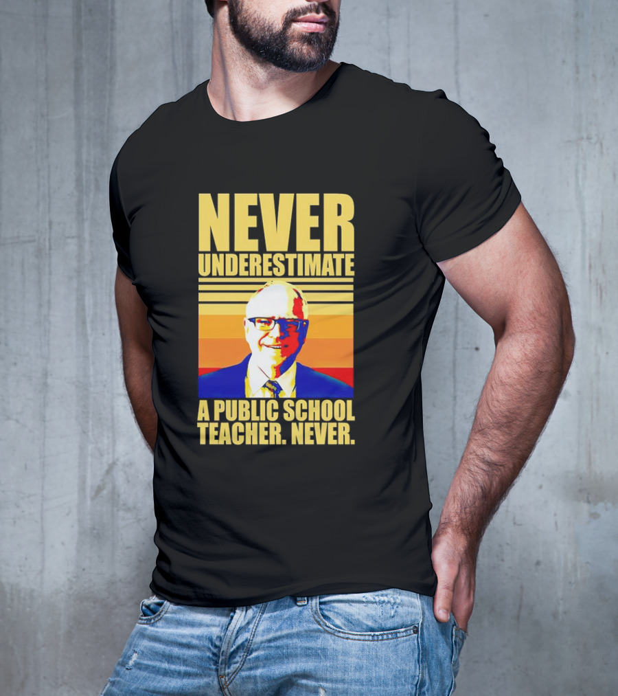 Never Underestimate A Public School Teacher Never Tim Walz Vintage Retro Stripes T-Shirt