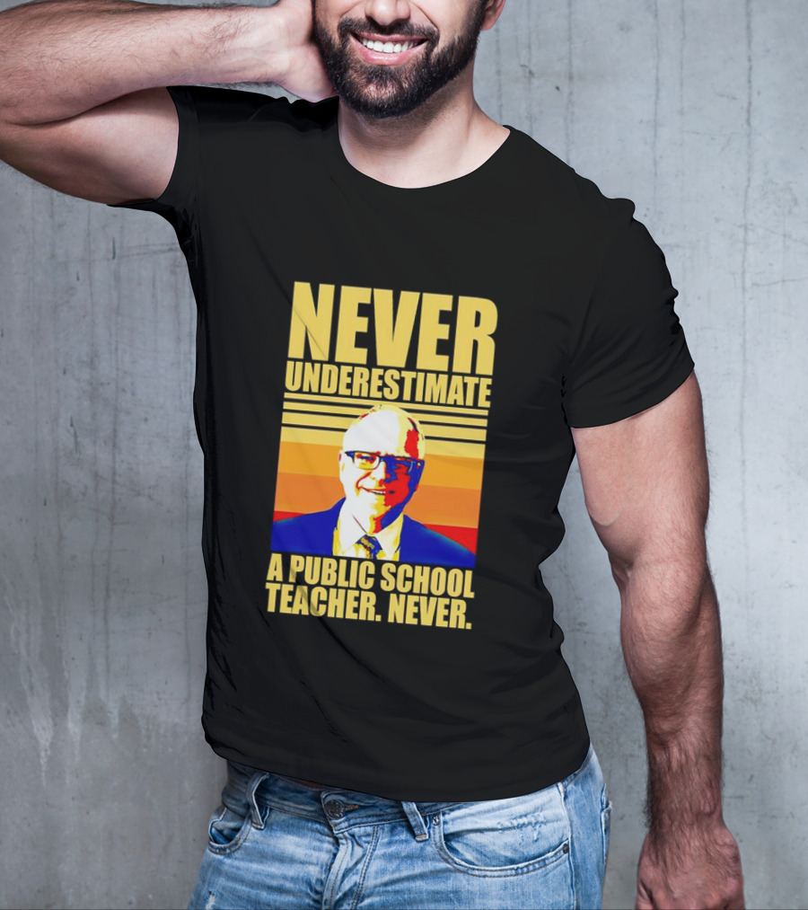 Never Underestimate A Public School Teacher Never Tim Walz Vintage Retro Stripes T-Shirt