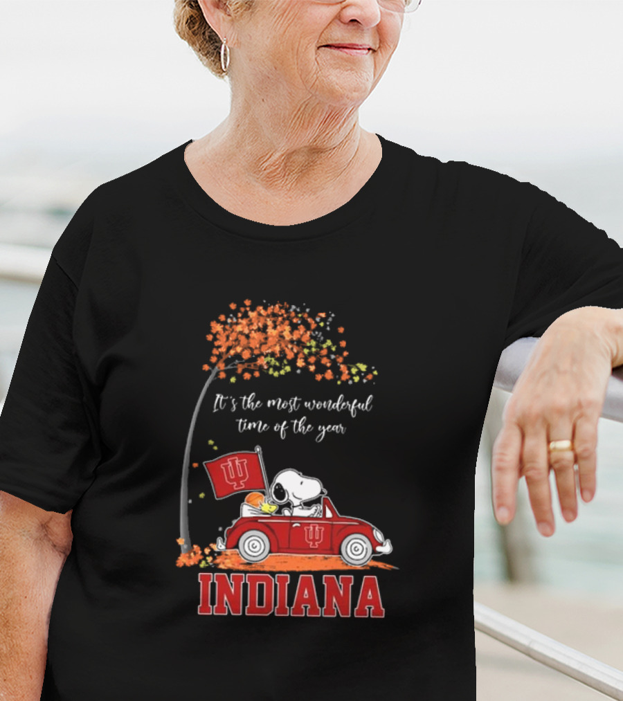 Indiana Hoosiers Snoopy And Woodstock Driving Car Fall It’s The Most Wonderful Time Of The Year T-Shirt
