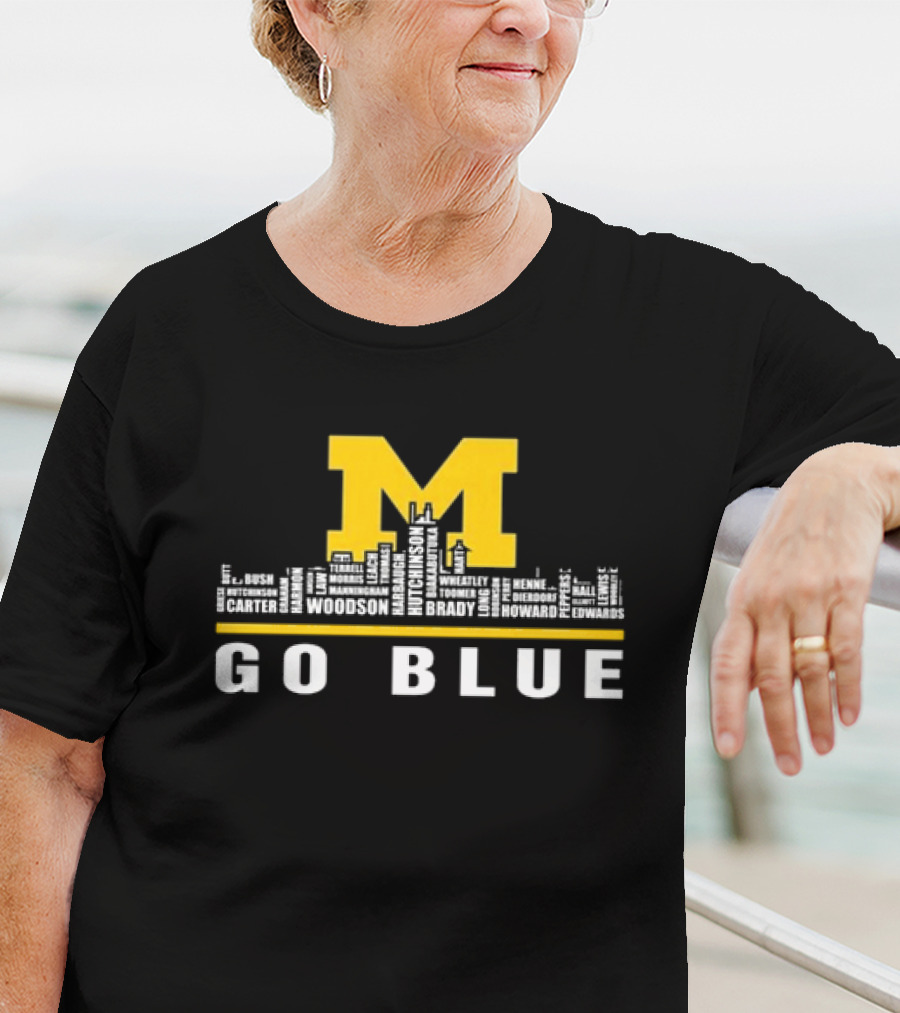 Michigan Wolverines Go Blue Skyline With Woodson Hutchinson Brady Names T-Shirt