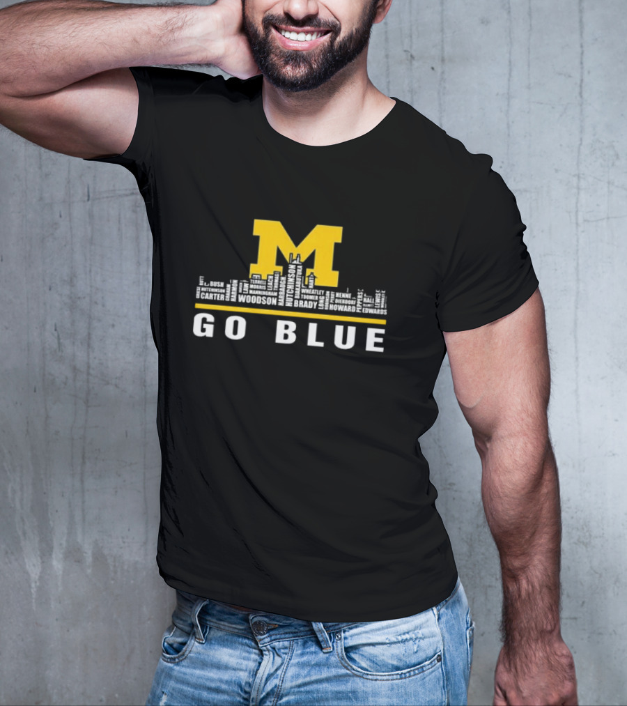Michigan Wolverines Go Blue Skyline With Woodson Hutchinson Brady Names T-Shirt