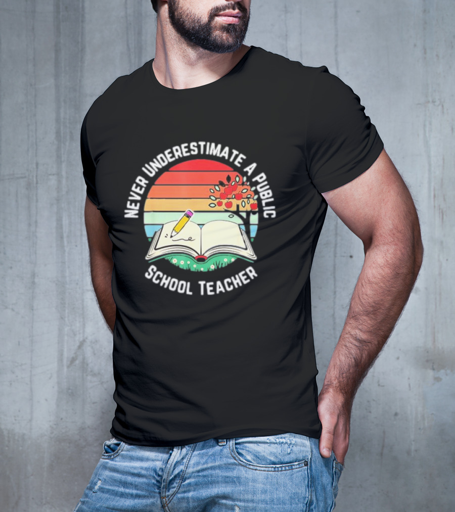 Never Underestimate A Public School Teacher Retro Vintage Open Book Pencil Sunset T-Shirt