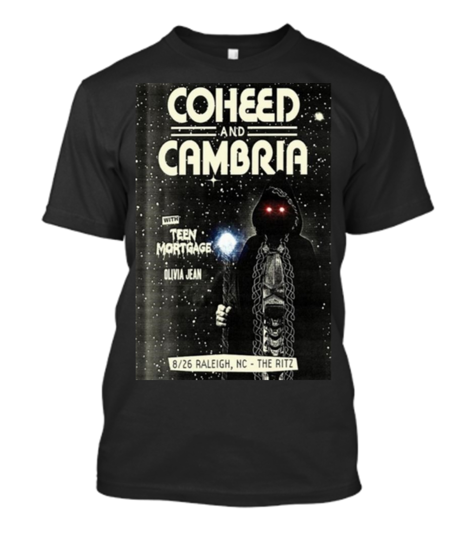 Coheed And Cambria 8/26 Raleigh NC The Ritz With Teen Mortgage Olivia Jean Mysterious Hooded Figure With Cosmic Background T-Shirt
