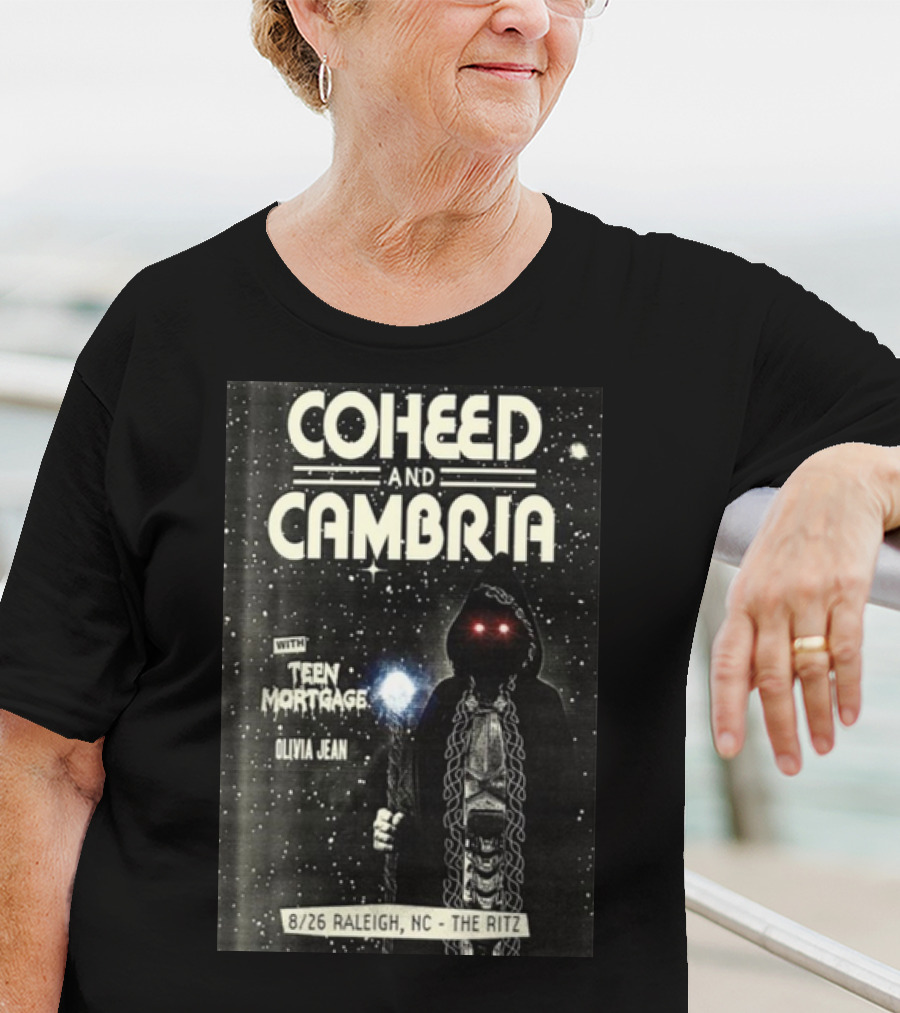 Coheed And Cambria 8/26 Raleigh NC The Ritz With Teen Mortgage Olivia Jean Mysterious Hooded Figure With Cosmic Background T-Shirt