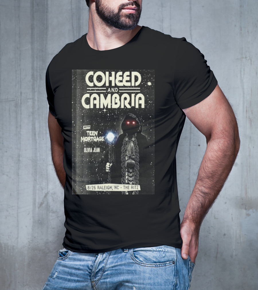 Coheed And Cambria 8/26 Raleigh NC The Ritz With Teen Mortgage Olivia Jean Mysterious Hooded Figure With Cosmic Background T-Shirt