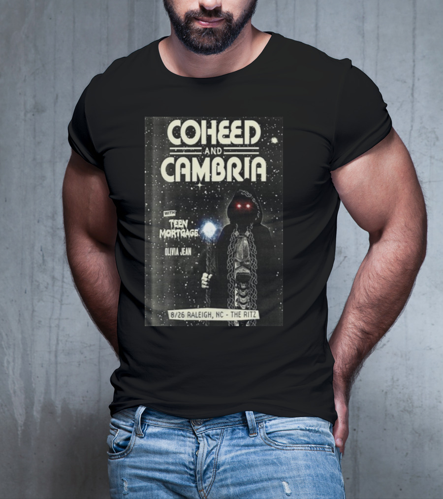 Coheed And Cambria 8/26 Raleigh NC The Ritz With Teen Mortgage Olivia Jean Mysterious Hooded Figure With Cosmic Background T-Shirt
