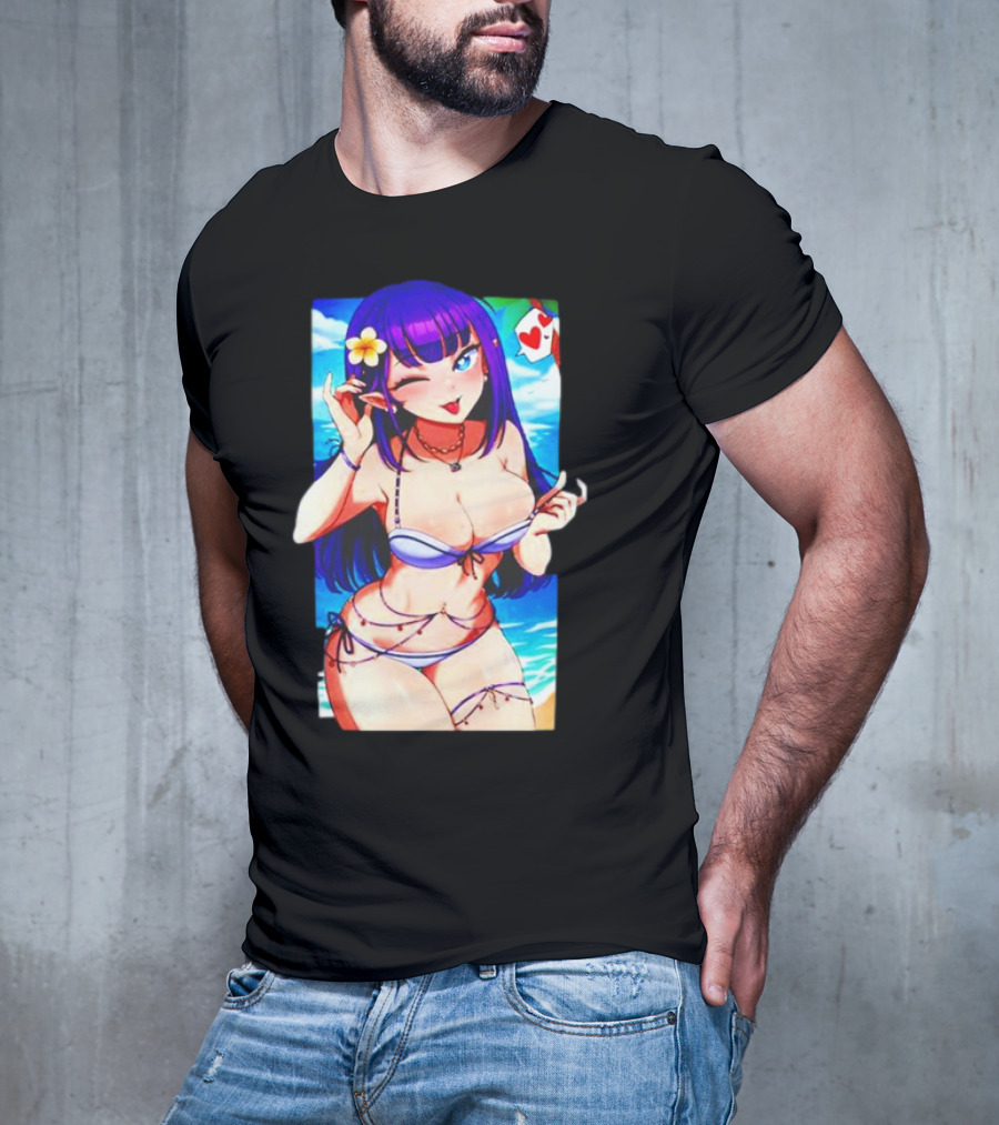 Hot Waifu Chika Fujiwara V2 Beach Anime Girl Winking Playing Card Flower Bikini T-Shirt