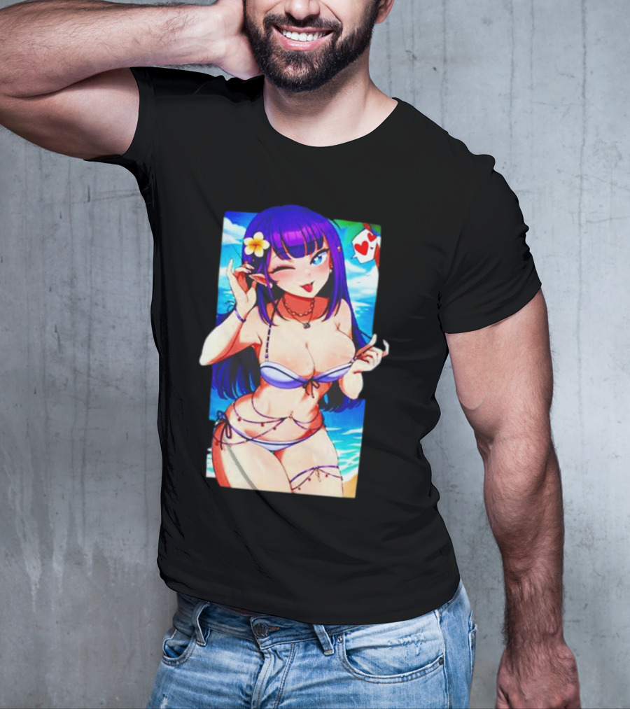 Hot Waifu Chika Fujiwara V2 Beach Anime Girl Winking Playing Card Flower Bikini T-Shirt