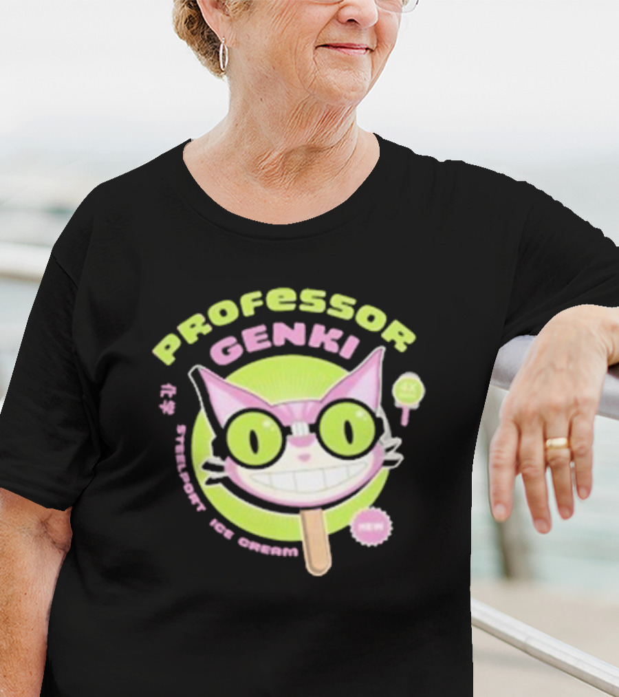 Professor Genki Steelport Ice Cream Cat Neon Green Pink Fun T-Shirt