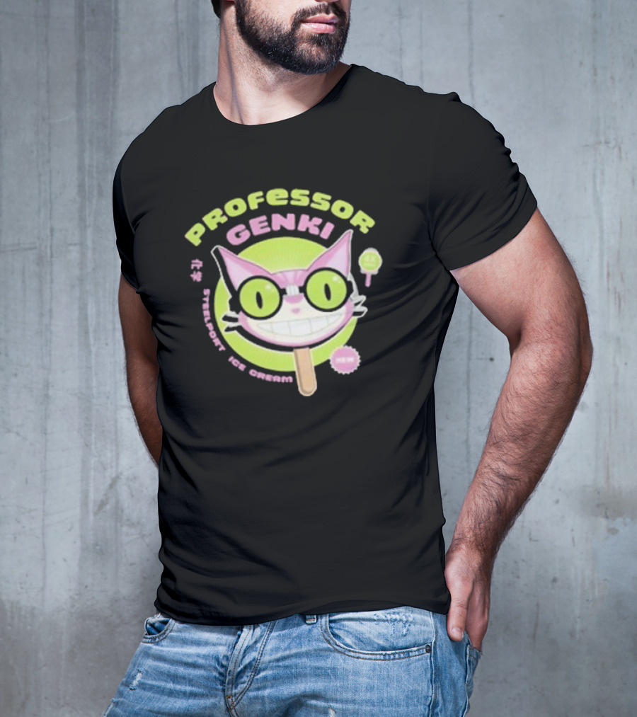 Professor Genki Steelport Ice Cream Cat Neon Green Pink Fun T-Shirt