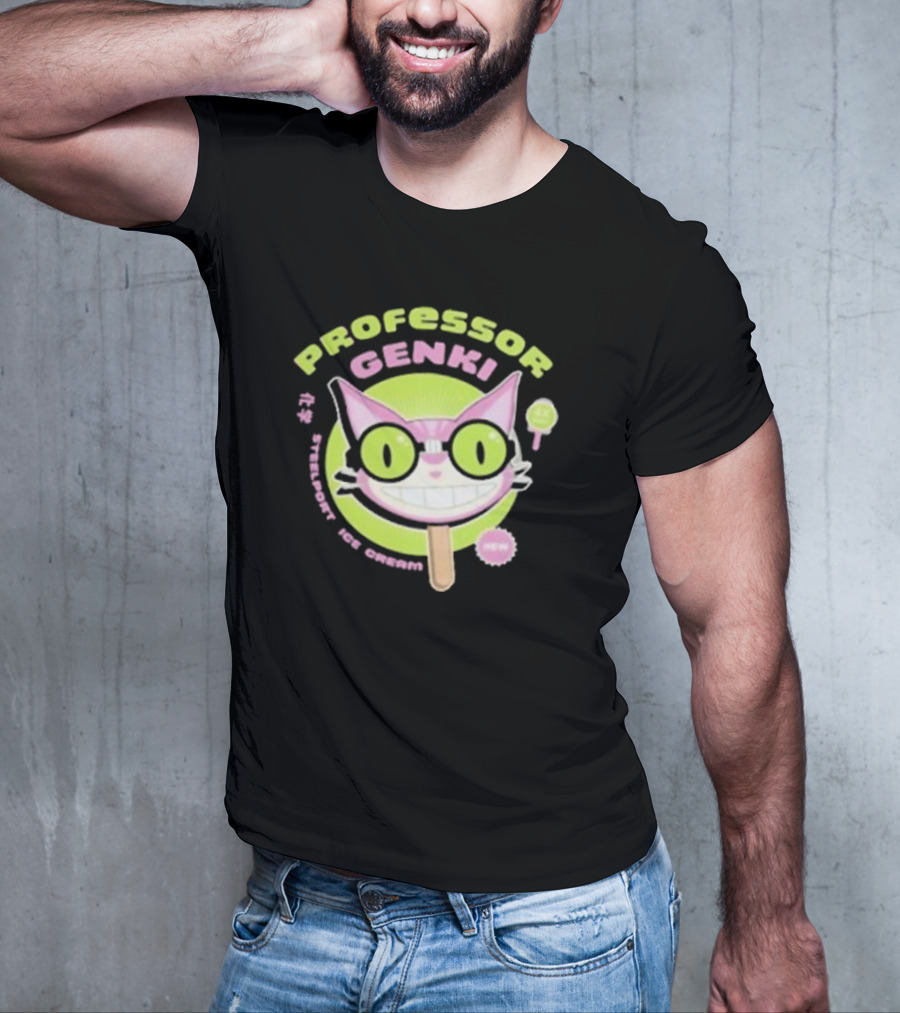 Professor Genki Steelport Ice Cream Cat Neon Green Pink Fun T-Shirt