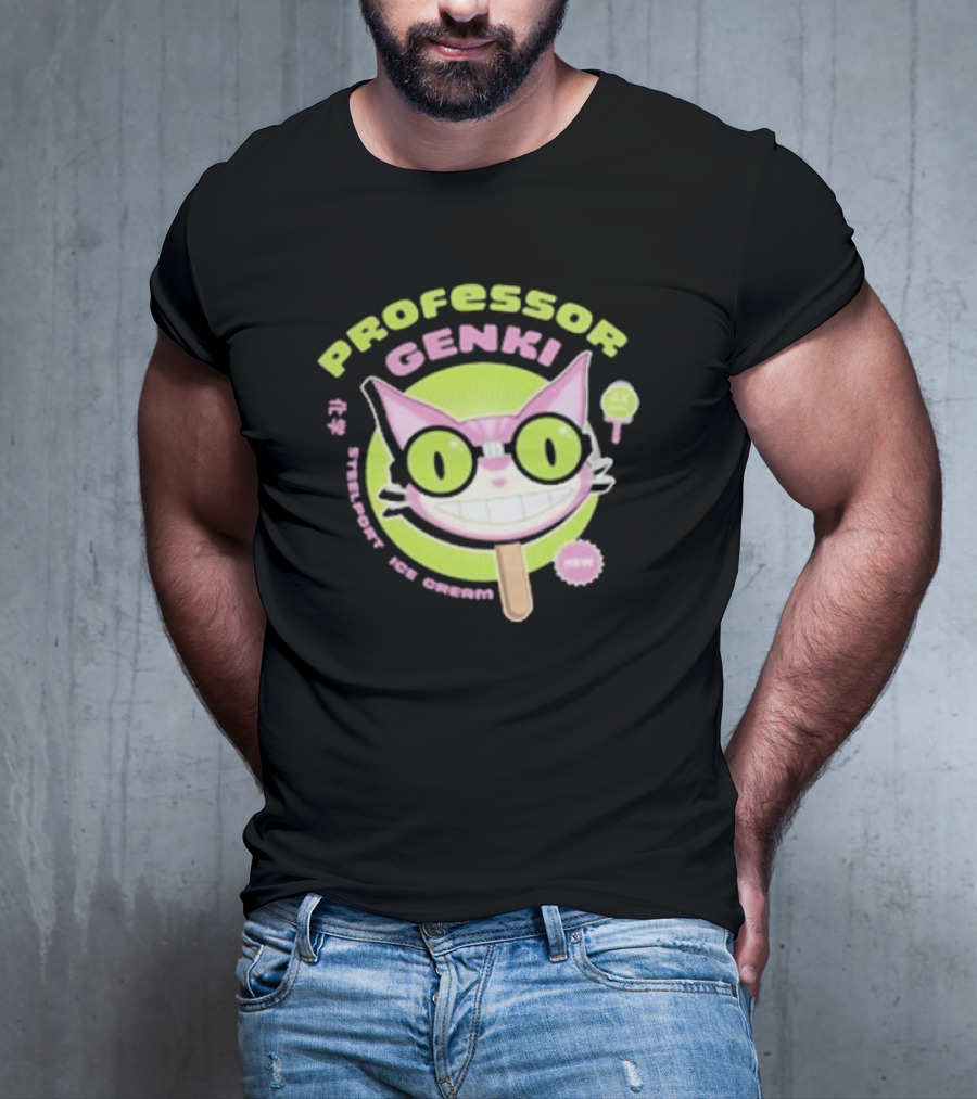 Professor Genki Steelport Ice Cream Cat Neon Green Pink Fun T-Shirt