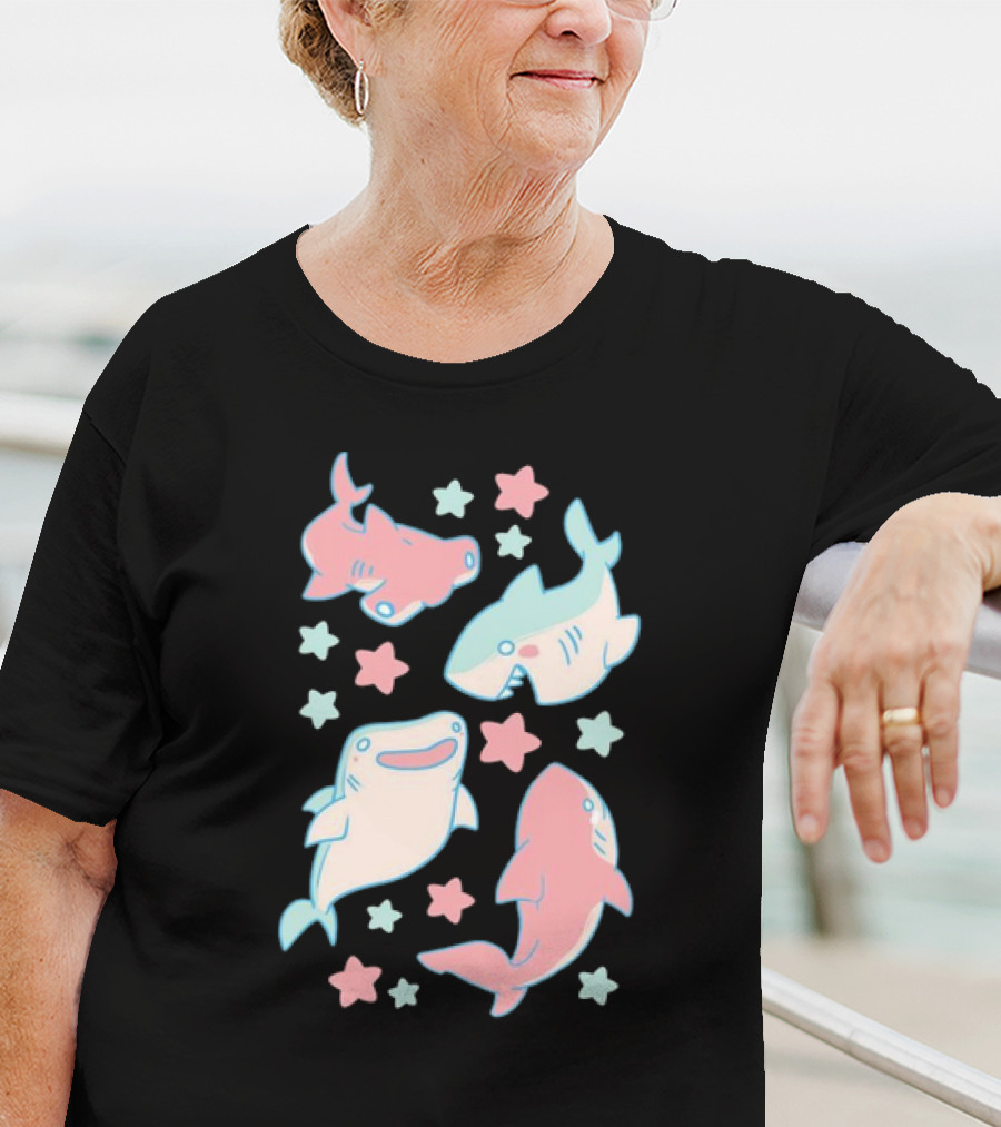 Happy Cartoon Sharks And Stars T-Shirt