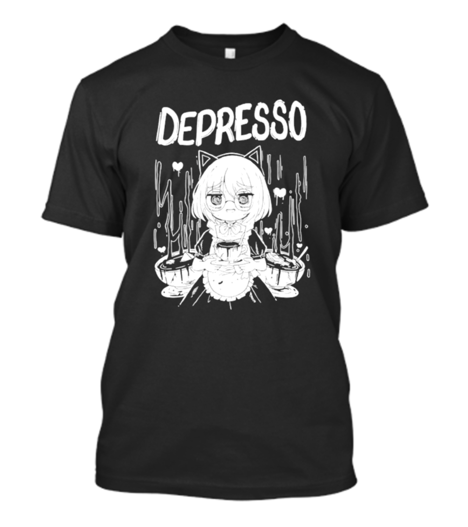 Depresso Cat-Eared Maid With Coffee Cups And Sad Expression T-Shirt