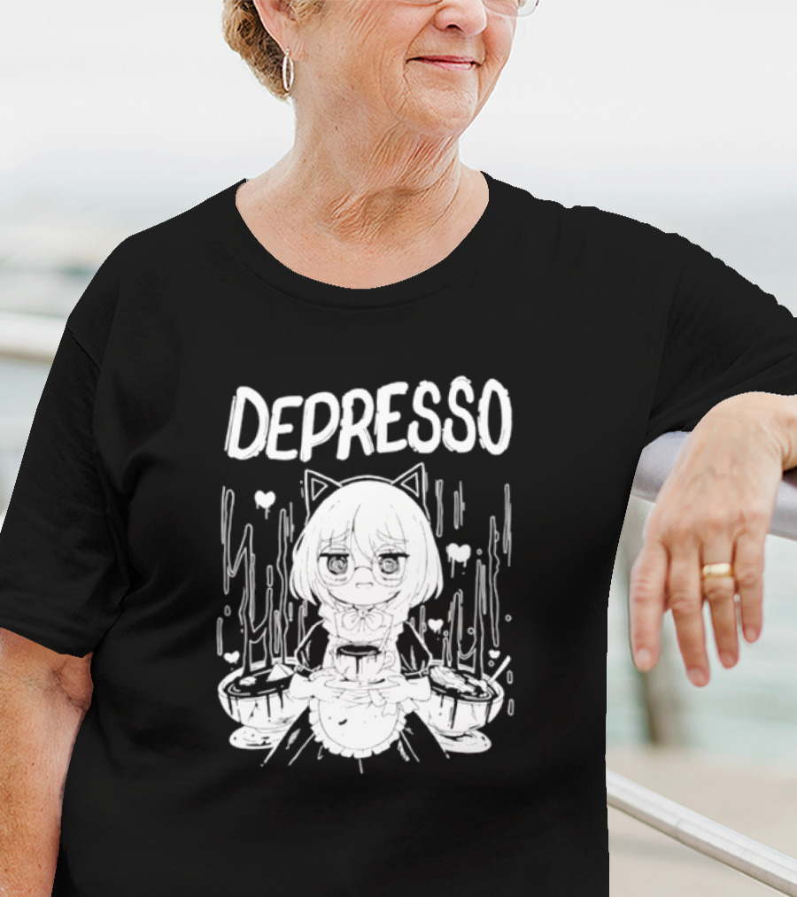 Depresso Cat-Eared Maid With Coffee Cups And Sad Expression T-Shirt