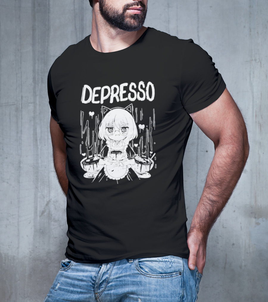 Depresso Cat-Eared Maid With Coffee Cups And Sad Expression T-Shirt