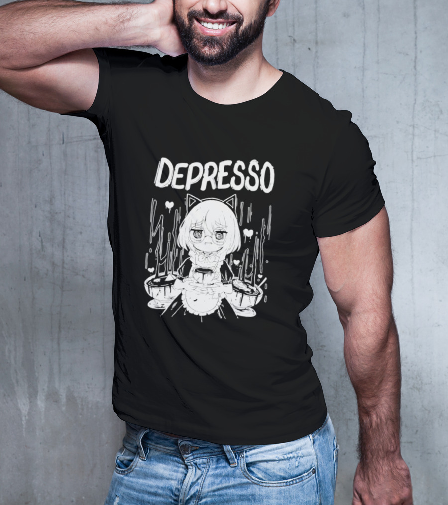 Depresso Cat-Eared Maid With Coffee Cups And Sad Expression T-Shirt