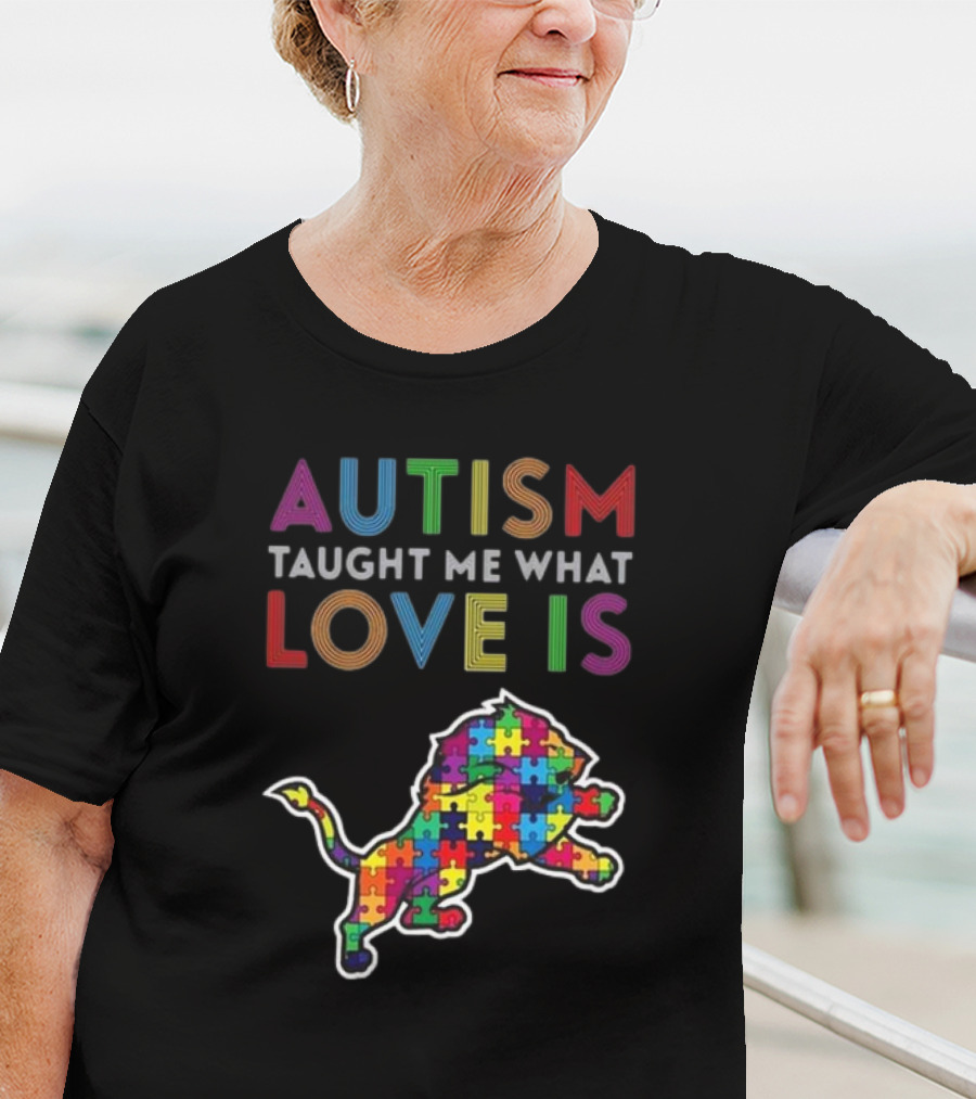 Detroit Lions Autism Taught Me What Love Is Puzzle Lion T-Shirt
