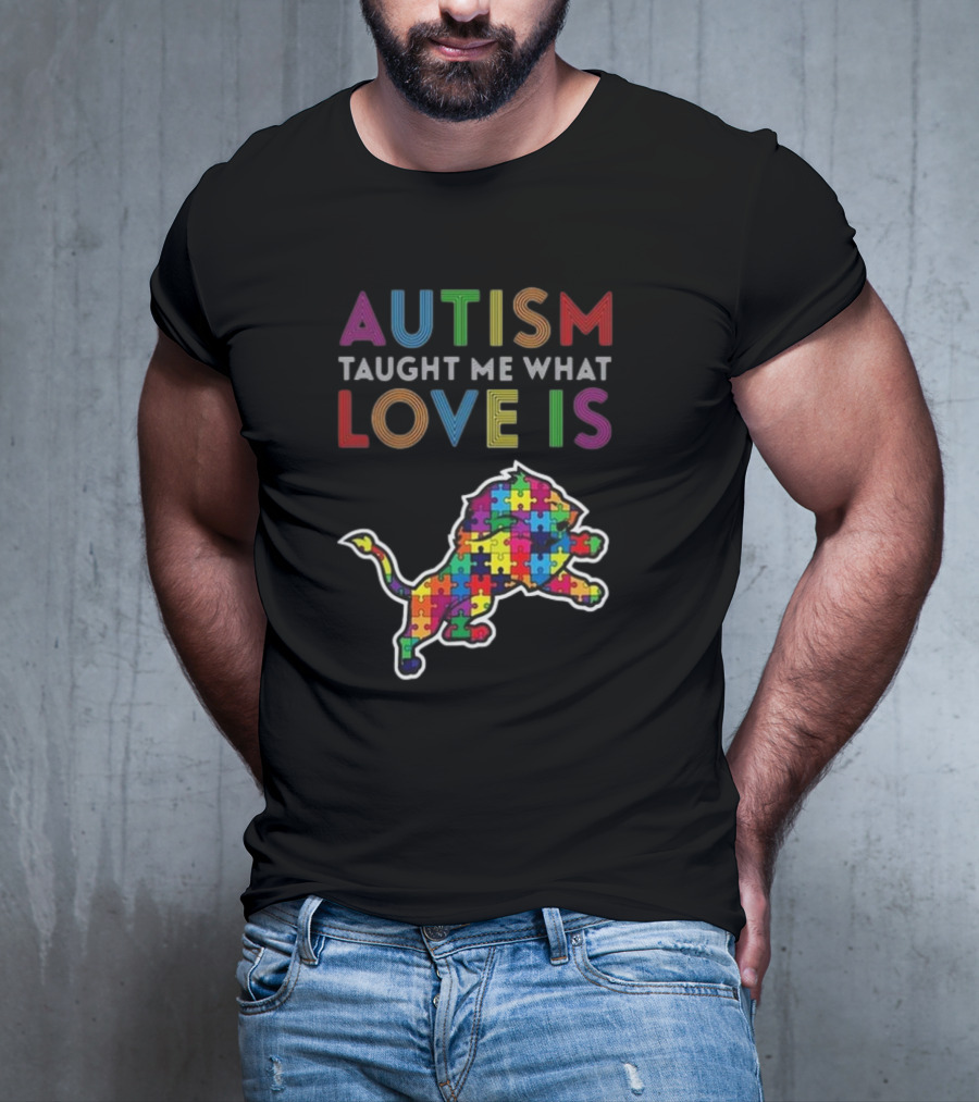 Detroit Lions Autism Taught Me What Love Is Puzzle Lion T-Shirt