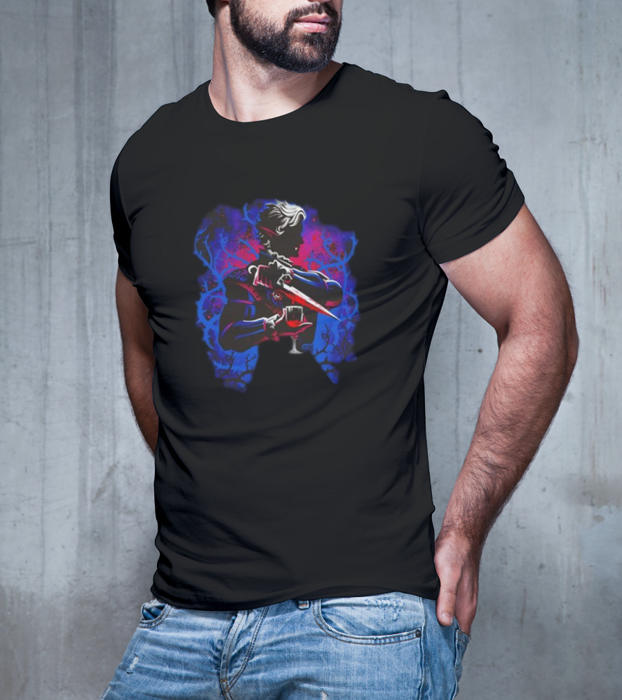 High Elf Vampire Dark Fantasy Silhouette With Dagger And Wine Glass T-Shirt