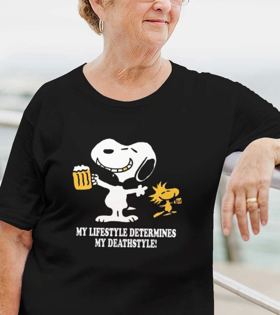 Snoopy And Woodstock Holding Beer My Lifestyle Determines My Deathstyle T-Shirt