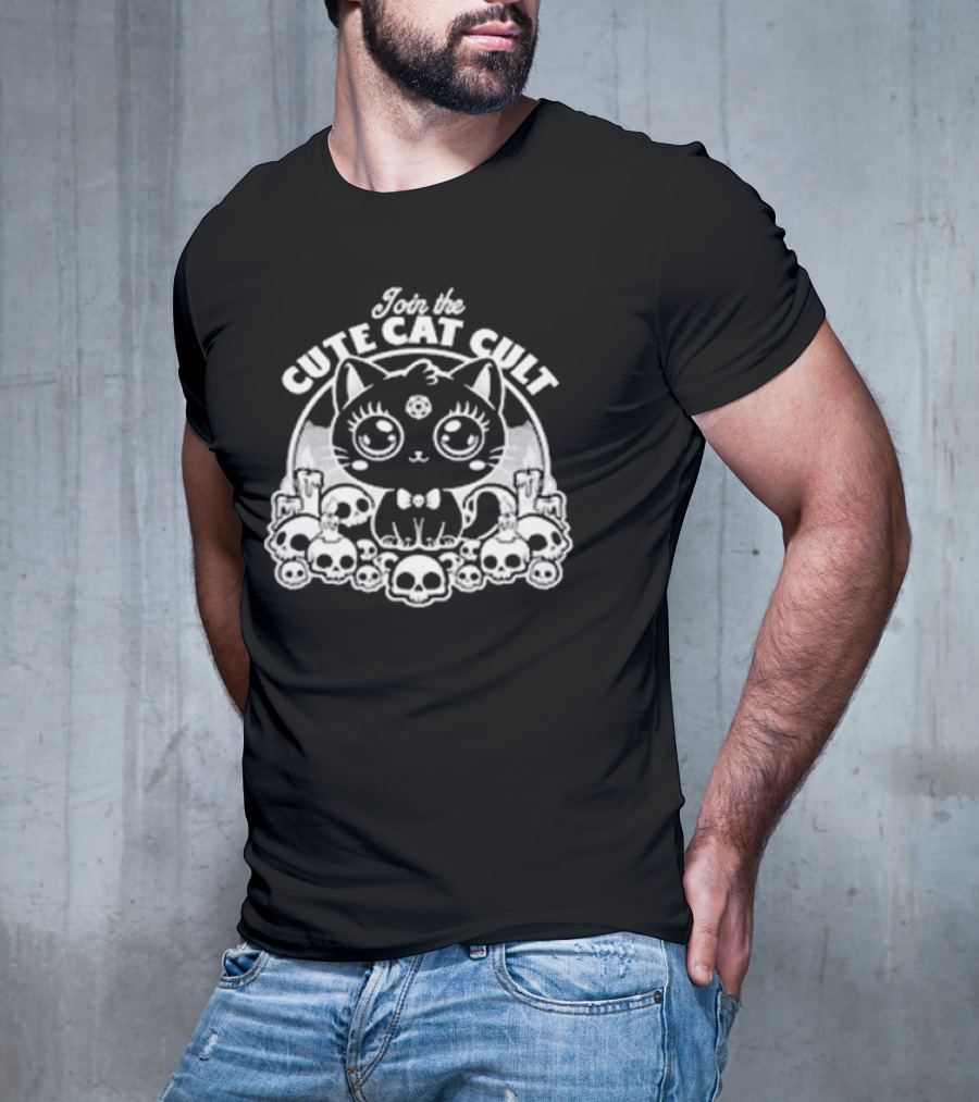 Join The Cute Cat Cult Black And White Skull Cat Surrounded By Skulls T-Shirt