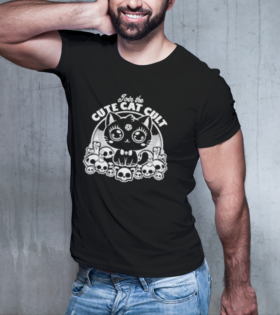 Join The Cute Cat Cult Black And White Skull Cat Surrounded By Skulls T-Shirt