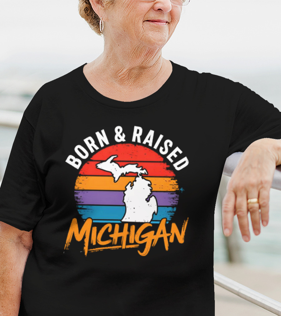 Born And Raised Michigan Vintage Sunset Map Stripes T-Shirt