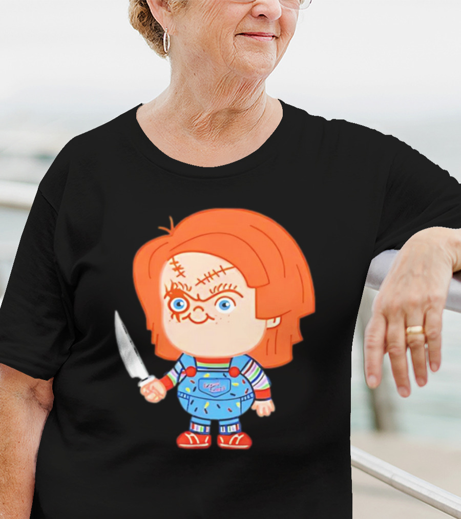 Chucky Evil Doll With Knife In Striped Lovely Overalls T-Shirt